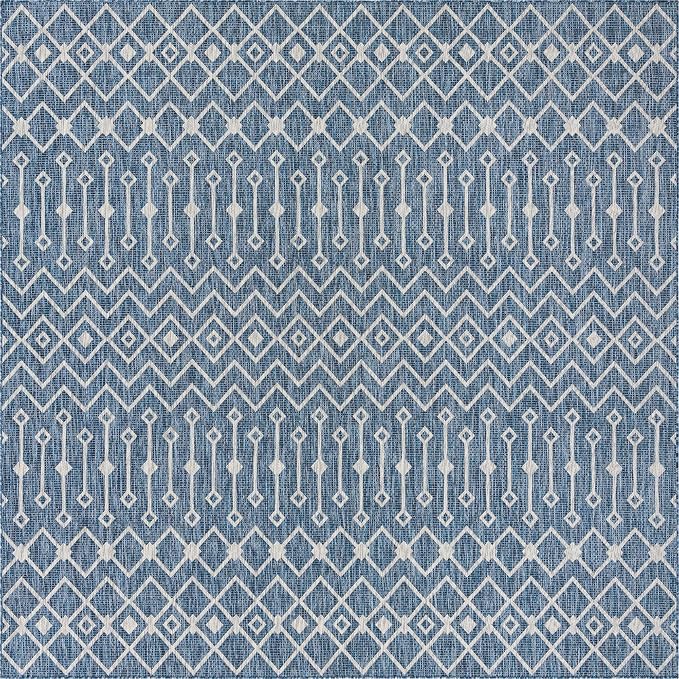 Unique Loom Outdoor Trellis Collection Area Rug - Tribal Trellis (10' Square, Blue/ Ivory)