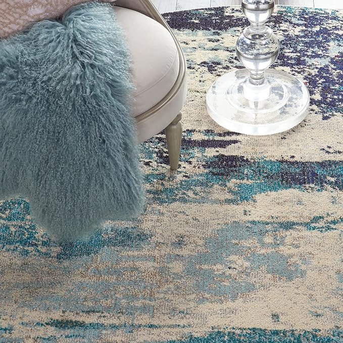 Nourison Home Celestial Ivory Teal Blue 7’10” x Round Area Rug - Easy Clean, Non Shedding, Bed Room, Living Room, Dining Room, Kitchen (8' x Round)