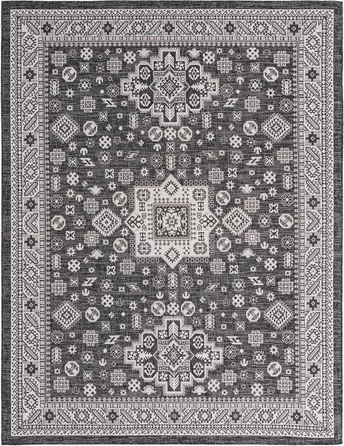 Unique Loom Outdoor Aztec Collection Area Rug - Chalca (10' x 13' Rectangle, Charcoal Gray/ Ivory)