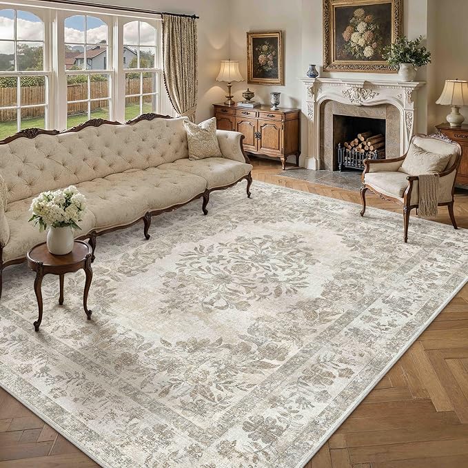 10x14 Washable Area Rug Living Room Cream Beige Vintage Carpet | Soft Low Pile, Non Slip, Stain Resistant, Floral Medallion, Neutral Retro Decor for Bedroom, Dining Room, Kids Room, Office
