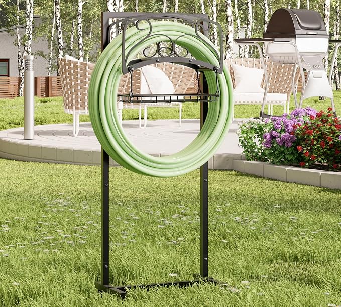 Kingson Portable Garden Hose Holder with Storage Basket - Heavy-Duty Freestanding Steel Stand, Holds 150FT Hose, Black Powder-Coated Finish, Detachable & Space-Saving Design with Tools
