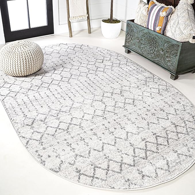 JONATHAN Y Boho Vintage Diamond Cream/Gray Oval Area Rug 5X8 ft, Moroccan Hype for Living Room, Bedroom, Kitchen, Office, Easy-Cleaning, High Traffic, Pet-Friendly, Non-Shedding (MOH101B-5OV)