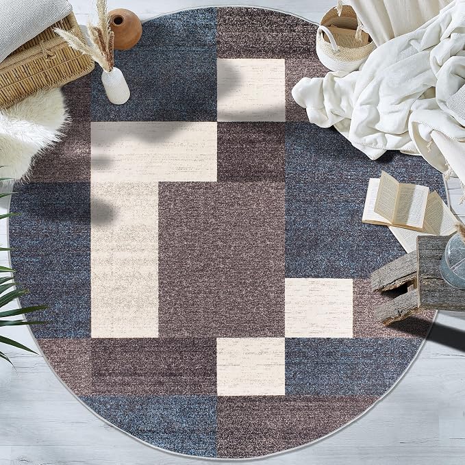 Rugshop Modern Boxes Non-Slip Living Room Kitchen Round Rug Blue 8' | Round, Size 8', Bedroom, Dining Room, Home Office, Entryway, Hallway, Nursery, Kids Room, Guest Room, High Traffic Area