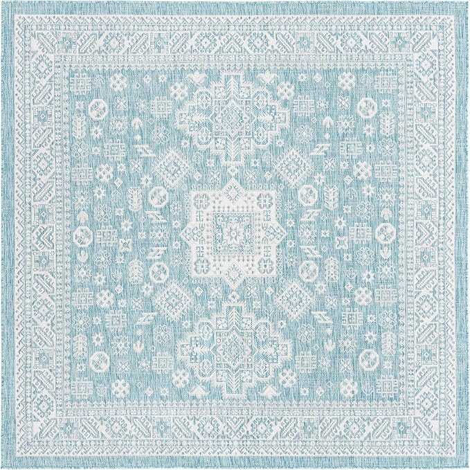 Unique Loom Outdoor Aztec Collection Area Rug - Chalca (7' 10" Square, Aqua/ Ivory)