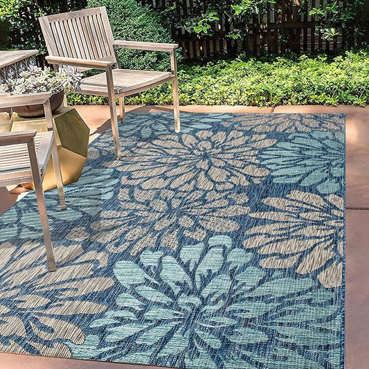 JONATHAN Y Floral Textured Weave Indoor Outdoor Area Rug 5X8 Navy/Aqua, Zinnia Modern for Backyard, Patio, Porch, Easy-Cleaning, High Traffic, Pet-Friendly, Non-Shedding (SMB110C-5)
