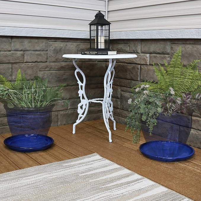 Sunnydaze 12-Inch Ceramic Plant Saucers - Plant Drip Trays for Outdoor Planter Flower Pot Drainage - Set of 2 - Imperial Blue