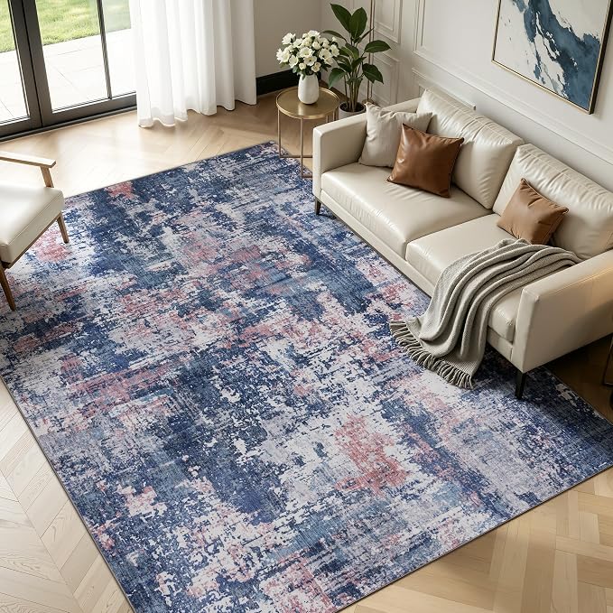 Sasttie 8x10 Washable Area Rug, Modern Abstract Large Rug, Pink & Blue | Ultra-Soft Faux Wool, Machine Washable, Low Pile, Non-Slip, Lightweight, Thin, for Living Room, Bedroom, Dinning Room & Dorm