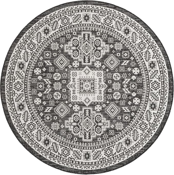 Unique Loom Outdoor Aztec Collection Area Rug - Chalca (6' 1" Round Charcoal Gray/Ivory)