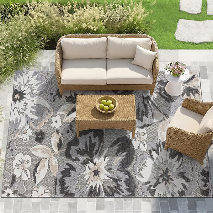 Rugshop Bergamo Contemporary Floral Non-Shedding Easy Cleaning Patio Deck Backyard Indoor/Outdoor Area Rug 7'10" x 10' Gray