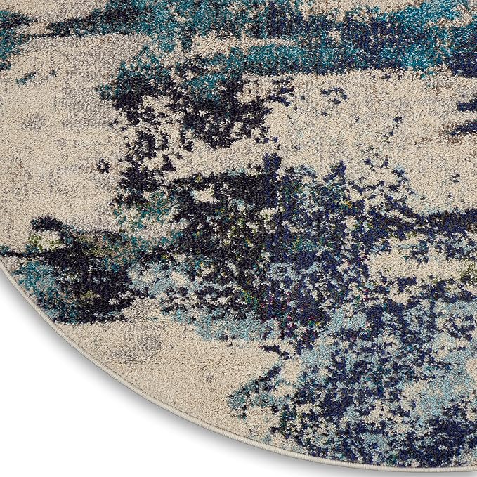 Nourison Home Celestial Ivory Teal Blue 7’10” x Round Area Rug - Easy Clean, Non Shedding, Bed Room, Living Room, Dining Room, Kitchen (8' x Round)