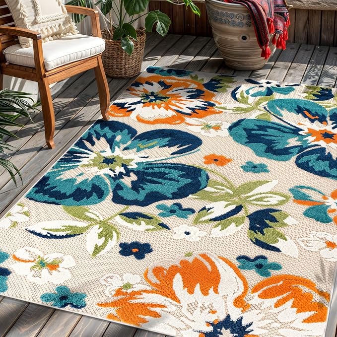 Rugshop Multi Bergamo Floral Indoor/Outdoor Area Rug Machine Washable for Patio, Balcony and Entry, 4' x 6'