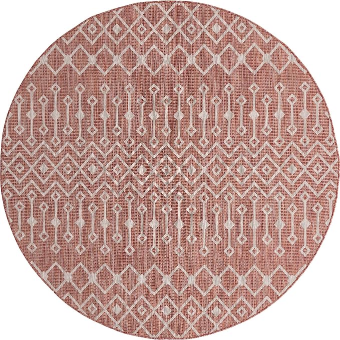 Unique Loom Outdoor Trellis Collection Area Rug - Tribal Trellis (13' Round, Rust Red/ Ivory)
