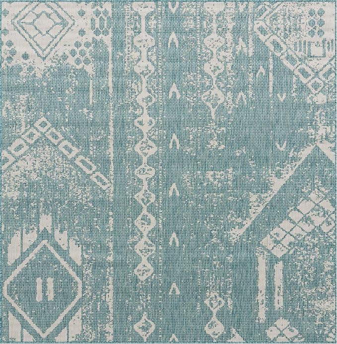 Unique Loom Outdoor Bohemian Collection Area Rug - Anthro (7' 1" Square, Light Aqua/ Ivory)