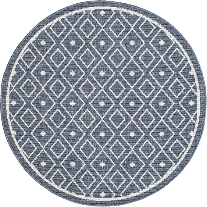 Unique Loom Outdoor Trellis Collection Area Rug - Kafes (4' 1" Round, Navy Blue/ Ivory)