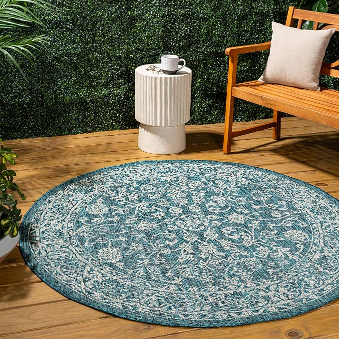 JONATHAN Y Weave Floral Indoor Outdoor Round Area Rug 9 Ft Teal/Gray, Tela Bohemian Textured for Backyard, Patio, Porch, Easy-Cleaning, High Traffic, Pet-Friendly, Non-Shedding (SMB100C-9R)