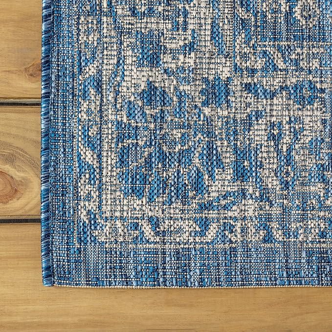 JONATHAN Y Weave Floral Indoor Outdoor Square Area Rug 3X3 Navy/Gray, Tela Bohemian Textured for Backyard, Patio, Porch, Easy-Cleaning, High Traffic, Pet-Friendly, Non-Shedding (SMB100B-3SQ)