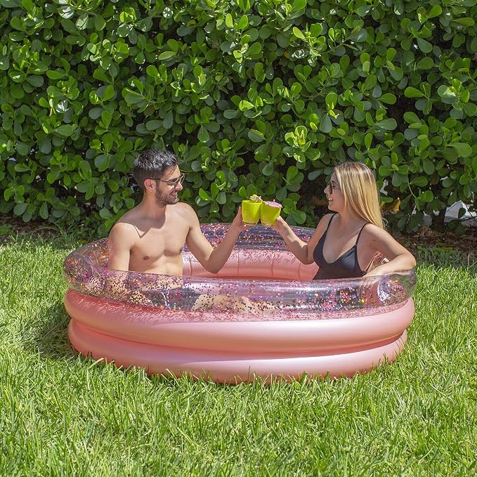 PoolCandy Rose Gold Glitter Inflatable Sunning Pool – 5-Foot Round Adult Lounge Pool for 2–3 Adults, Glam Backyard Patio Splash Tub | Fits 2-3 Adults - Glam Backyard Patio Splash Tub