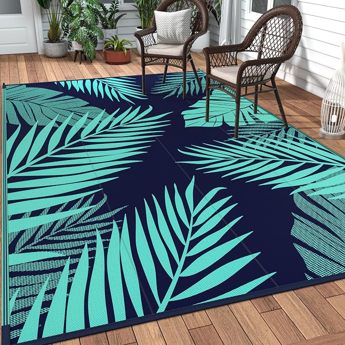 GENIMO Outdoor Rug 9' x 12' Waterproof for Patios Clearance, Reversible Outdoor Plastic Straw Camping Rug Carpet, Large Area Rugs Mats for RV, Camper, Deck, Balcony, Porch, Beach, Navy Blue&Jade Green
