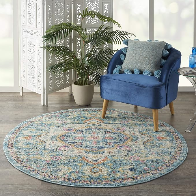Nourison Home Passion Ivory Light Blue 5' x Round Area Rug - Easy Clean, Non Shedding, Bed Room, Living Room, Dining Room, Kitchen (5' x Round)