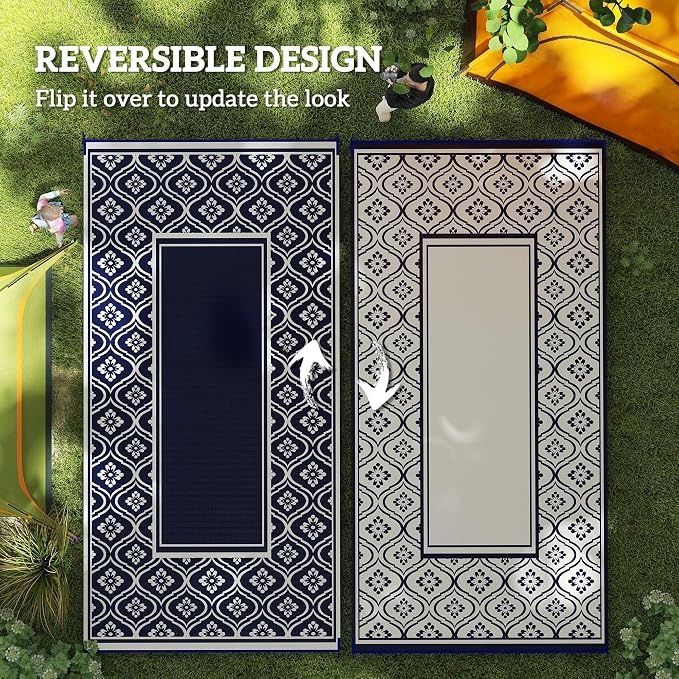 Outsunny Outdoor Rug for Patio, 9' x 18' Waterproof Large Mat, Reversible Plastic Straw Rug for Decor, Portable Outside RV Camping Area Carpet Mat for Backyard Porch Deck Picnic, Blue & White Gourd