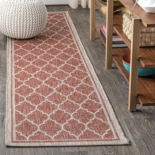 JONATHAN Y Moroccan Trellis Indoor Outdoor Runner Rug 2X10 Red/Beige, Trebol Textured Weave for Backyard, Patio, Porch, Easy-Cleaning, High Traffic, Pet-Friendly, Non-Shedding (SMB109C-210)