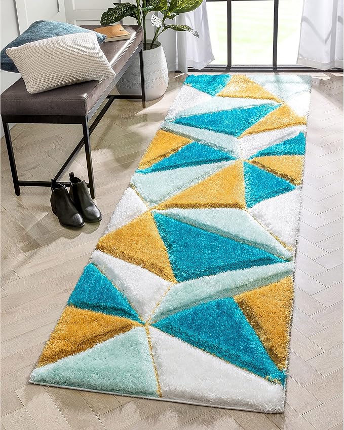 Well Woven Walker Blue Triangle Boxes Thick Soft Plush 3D Textured Shag (2'7" x 9'10") Runner