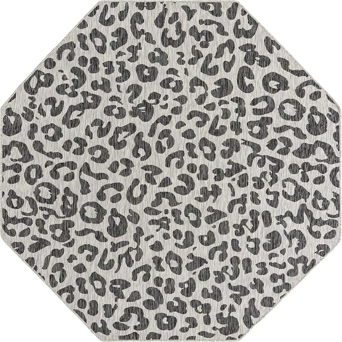 Unique Loom Outdoor Safari Collection Area Rug - Leopard (7' 10" Octagon, Light Gray/ Gray)