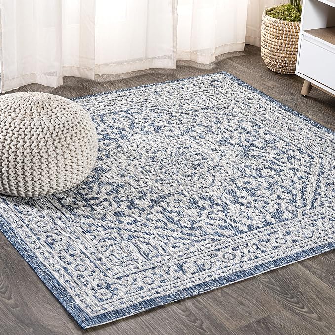 JONATHAN Y Medallion Weave Indoor Outdoor Square Area Rug 9X9 Navy/Gray, Sinjuri Textured for Backyard, Patio, Porch, Easy-Cleaning, High Traffic, Pet-Friendly, Non-Shedding (SMB101B-9SQ)