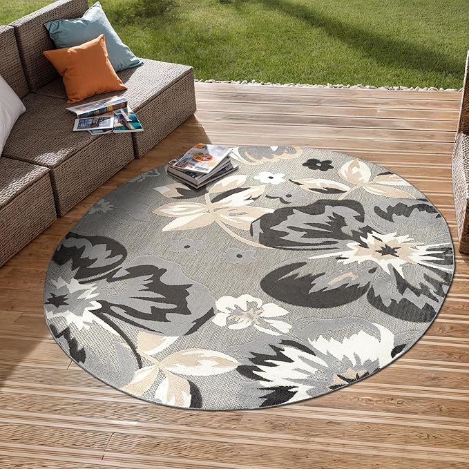 Rugshop Bergamo Contemporary Floral Non-Shedding Easy Cleaning Patio Deck Backyard Indoor/Outdoor Area Rug 8' Round Gray