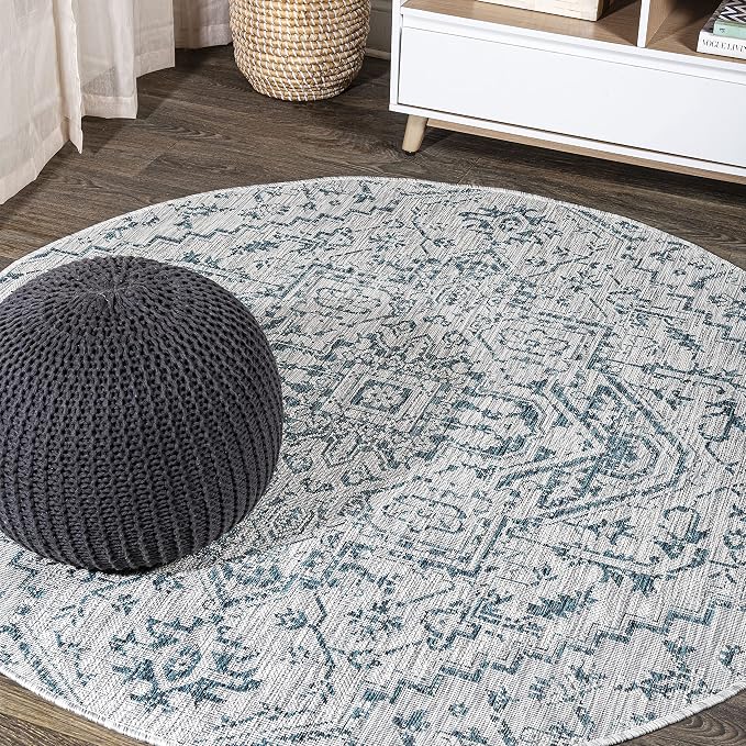 JONATHAN Y Boho Medallion Indoor Outdoor Round Area Rug 5 Ft Teal/Gray, Estrella Textured Weave for Backyard, Patio, Porch, Easy-Cleaning, High Traffic, Pet-Friendly, Non-Shedding (SMB105C-5R)
