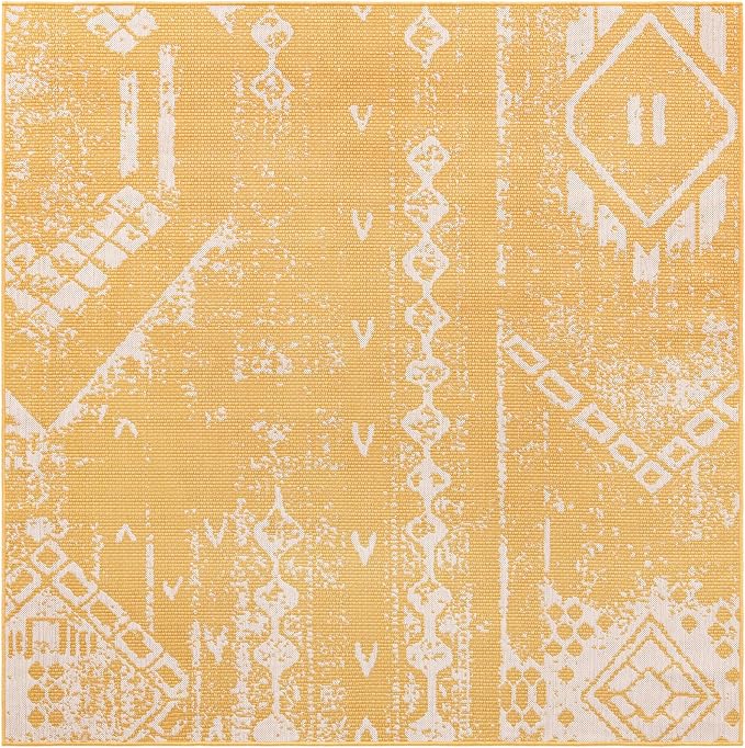 Unique Loom Outdoor Bohemian Collection Area Rug - Anthro (7' 1" Square, Yellow/ Ivory)