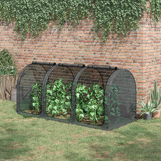 Outsunny 9' x 4' Crop Cage, Plant Protection Tent with Three Zippered Doors, Steel Frame, Storage Bag and 4 Ground Stakes, for Garden, Yard, Lawn, Black