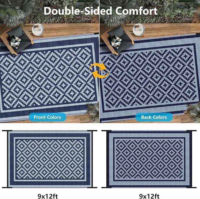 Kohree RV Outdoor Rug 9x12 Reversible, Waterproof Patio Mat with 4 Stakes & UV Fade Resistant, Non-Slip Outdoor Camping Mat for Deck, Picnic, Backyard, Includes Carry Bag (Blue)