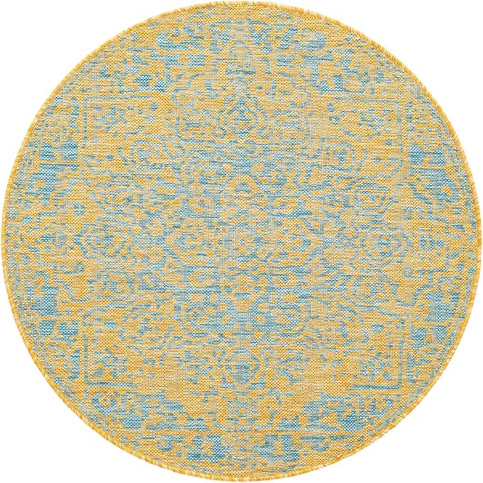 Unique Loom Jill Zarin Jill Zarin Outdoor Collection Area Rug - Dubai (3' 3" Round, Yellow and Aqua/Light Blue)