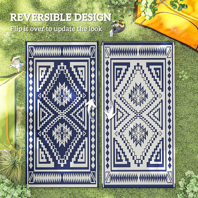 Outsunny Outdoor Rug for Patio, 9' x 18' Waterproof Large Mat, Reversible Plastic Straw Rug for Decor, Portable Outside RV Camping Area Carpet Mat for Backyard Porch Deck Picnic, Blue & White Square
