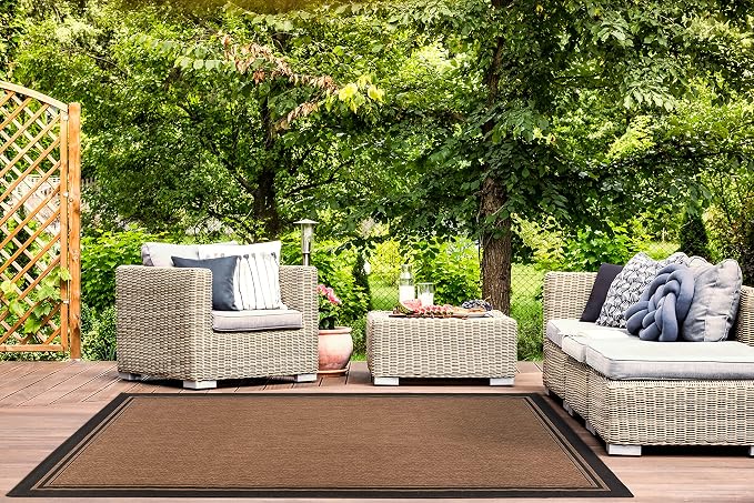 Gertmenian Indoor/Outdoor Flatweave Area Rug - 9x13 Extra Large, Stain & UV Resistant, Ideal For Deck, Patio, Poolside, Mudroom - Simple Border, Black/Nut Brown, 21993