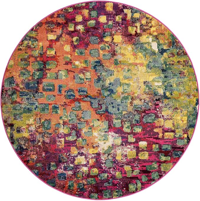 Unique Loom Jardin Collection Colorful, Vibrant, Abstract, Modern Area Rug (5' 0 x 5' 0 Round, Multi/Blue)