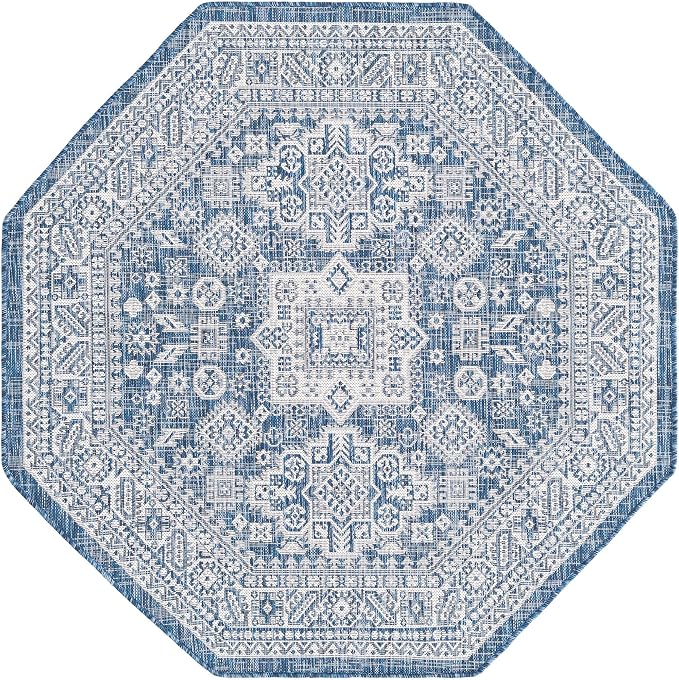 Unique Loom Outdoor Aztec Collection Area Rug - Chalca (5' 3" Octagon, Blue/ Ivory)