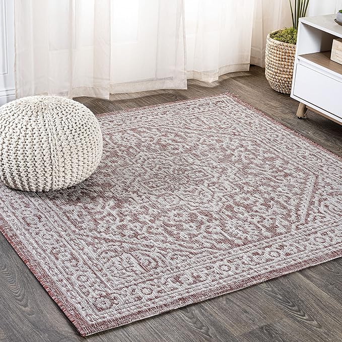 JONATHAN Y Medallion Weave Indoor Outdoor Square Area Rug 5X5 Red/Taupe, Sinjuri Textured for Backyard, Patio, Porch, Easy-Cleaning, High Traffic, Pet-Friendly, Non-Shedding (SMB101A-5SQ)