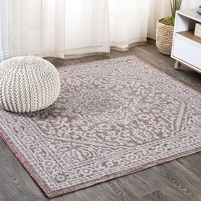 JONATHAN Y Medallion Weave Indoor Outdoor Square Area Rug 6X6 Red/Taupe, Sinjuri Textured for Backyard, Patio, Porch, Easy-Cleaning, High Traffic, Pet-Friendly, Non-Shedding (SMB101A-6SQ)