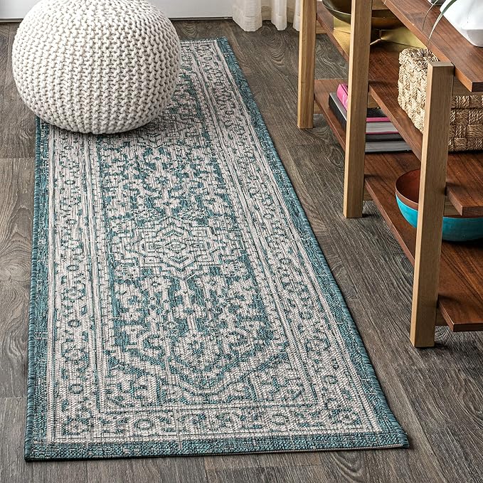 JONATHAN Y Medallion Weave Indoor Outdoor Runner Rug 2X8 Teal Blue/Gray, Sinjuri Textured for Backyard, Patio, Porch, Easy-Cleaning, High Traffic, Pet-Friendly, Non-Shedding (SMB101C-28)