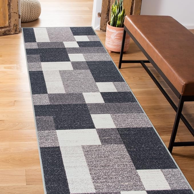 Rugshop Modern Boxes Non-Slip Living Room Bedroom Runner Rug Gray 2' x 7' | Rectangular, Size 2' X 7', Dining Room, Home Office, Kitchen, Entryway, Hallway, Nursery, Kids Room, Guest Room