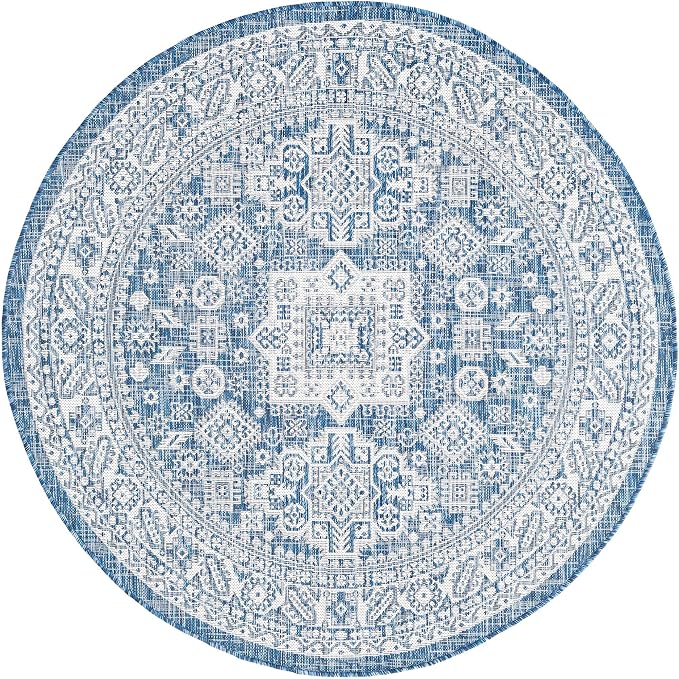 Unique Loom Outdoor Aztec Collection Area Rug - Chalca (5' 3" Round, Blue/ Ivory)