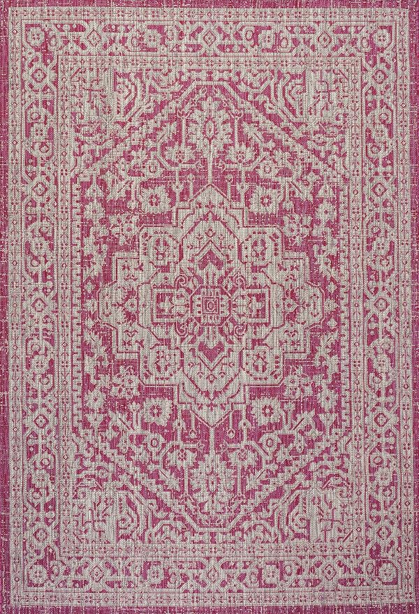 JONATHAN Y Medallion Weave Indoor Outdoor Area Rug 5X8 Fuchsia/Light Gray, Sinjuri Textured for Backyard, Patio, Porch, Easy-Cleaning, High Traffic, Pet-Friendly, Non-Shedding (SMB101G-5)