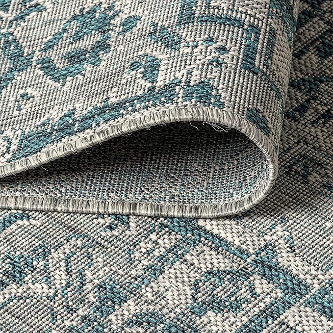 JONATHAN Y Boho Medallion Indoor Outdoor Round Area Rug 8 Ft Teal/Gray, Estrella Textured Weave for Backyard, Patio, Porch, Easy-Cleaning, High Traffic, Pet-Friendly, Non-Shedding (SMB105C-8R)