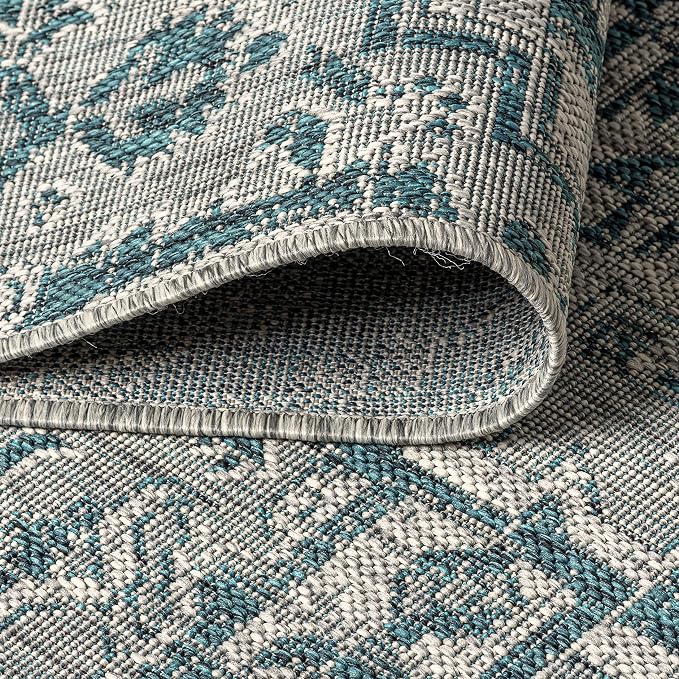 JONATHAN Y Boho Medallion Indoor Outdoor Runner Rug 2X10 Teal/Gray, Estrella Textured Weave for Backyard, Patio, Porch, Easy-Cleaning, High Traffic, Pet-Friendly, Non-Shedding (SMB105C-210)