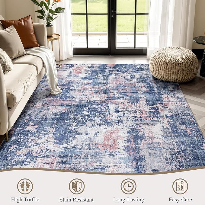 Sasttie 8x10 Washable Area Rug, Modern Abstract Large Rug, Pink & Blue | Ultra-Soft Faux Wool, Machine Washable, Low Pile, Non-Slip, Lightweight, Thin, for Living Room, Bedroom, Dinning Room & Dorm