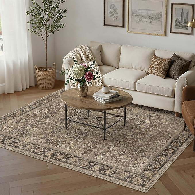 HUGEAR 5x8 Machine Washable Rugs Brown Hallway Area Rug Indoor Accent Rug Floral Low Pile Carpet Soft Throw Aesthetic Rug Bedroom Living Room Office Dining Room Kitchen Laundry Room Non Slip