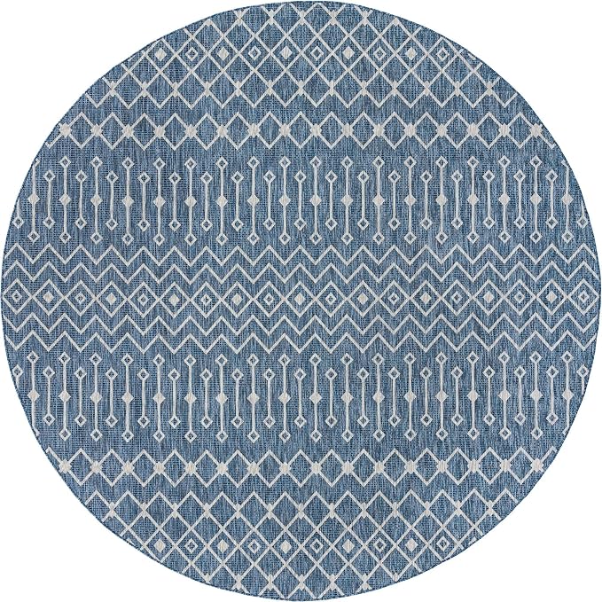 Unique Loom Outdoor Trellis Collection Area Rug - Tribal Trellis (12' Round, Blue/ Ivory)