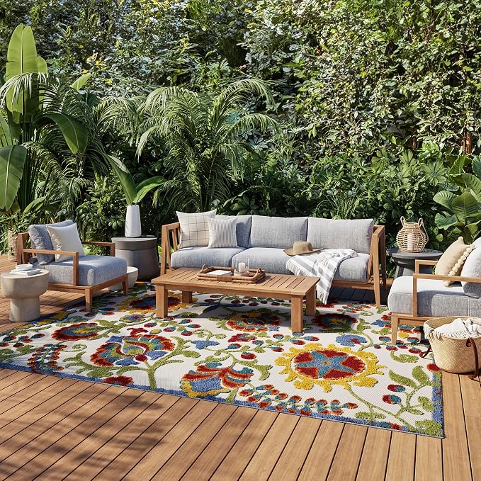 Nourison Home Aloha Ivory Multicolor 7'10" x 10'6" Area Rug - Easy Clean, Non Shedding, Bed Room, Living Room, Dining Room, Kitchen (8' x 11')